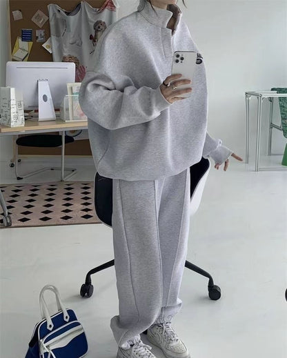 Women Fashion Casual Fleece-Lined Stand Collar Long-Sleeve Top Drawstring Pants Two-Piece Set