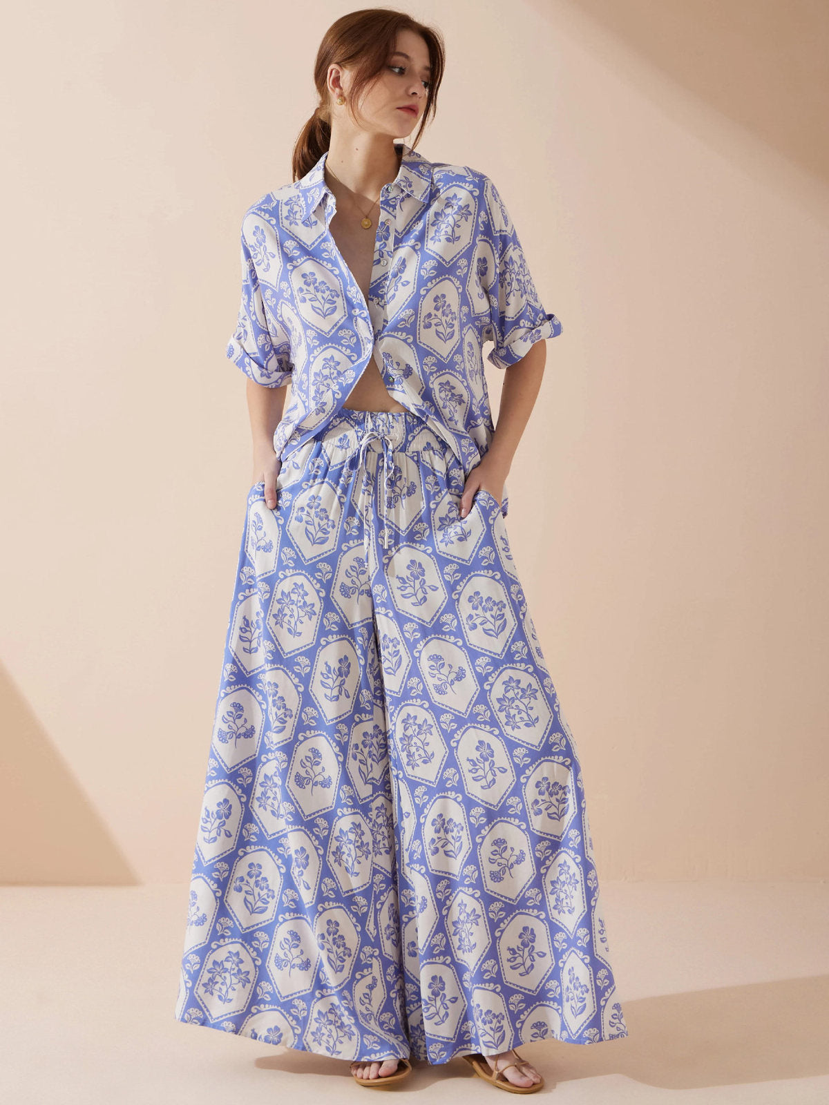 Women Casual Boho Floral Printed Wide Leg Loose Pants