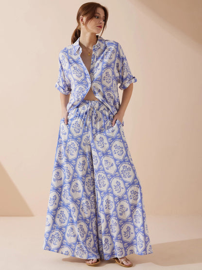 Women Casual Boho Floral Printed Wide Leg Loose Pants