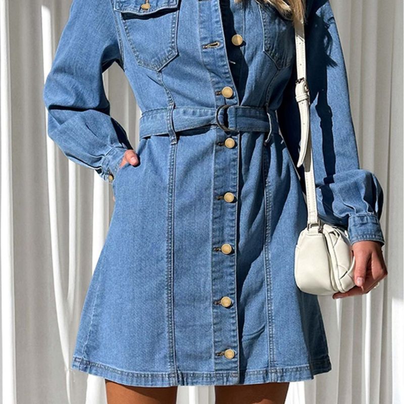 Women Fashion Casual Button Lace-Up Long Sleeve Denim Dress