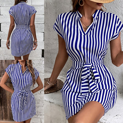 Spring Summer Casual Women Sleeveless Stripe Lace-Up Shirt Dress