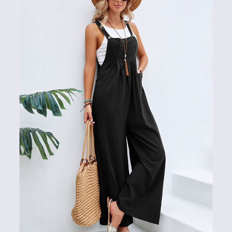 Women Solid Color Casual Wide Leg Suspender Jumpsuits