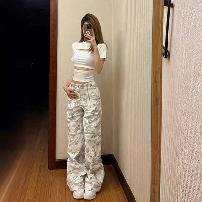 Women Retro Loose Camouflage Print Zip Casual Pants