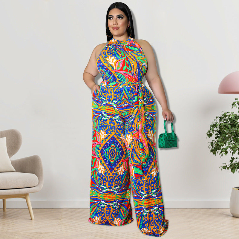 Women Casual Plus Size Floral Printed Sleeveless Loose Lace-Up Jumpsuits
