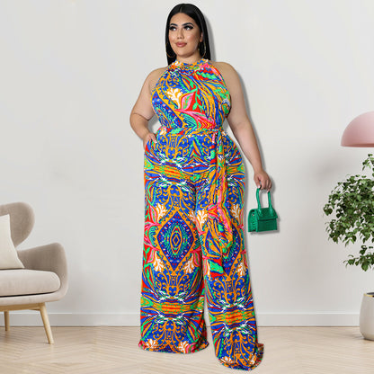 Women Casual Plus Size Floral Printed Sleeveless Loose Lace-Up Jumpsuits