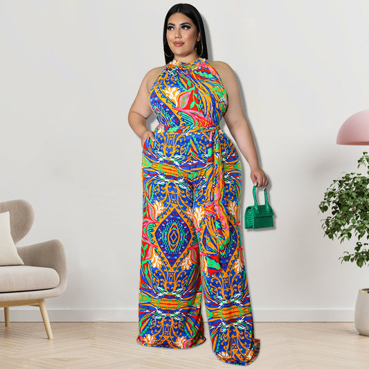 Women Casual Plus Size Floral Printed Sleeveless Loose Lace-Up Jumpsuits