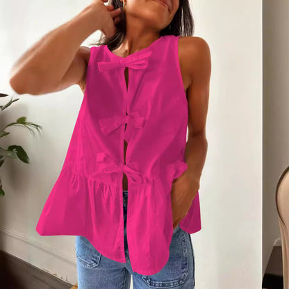 Women Casual Solid Color Cotton Bowknot Lace-Up Tank Top