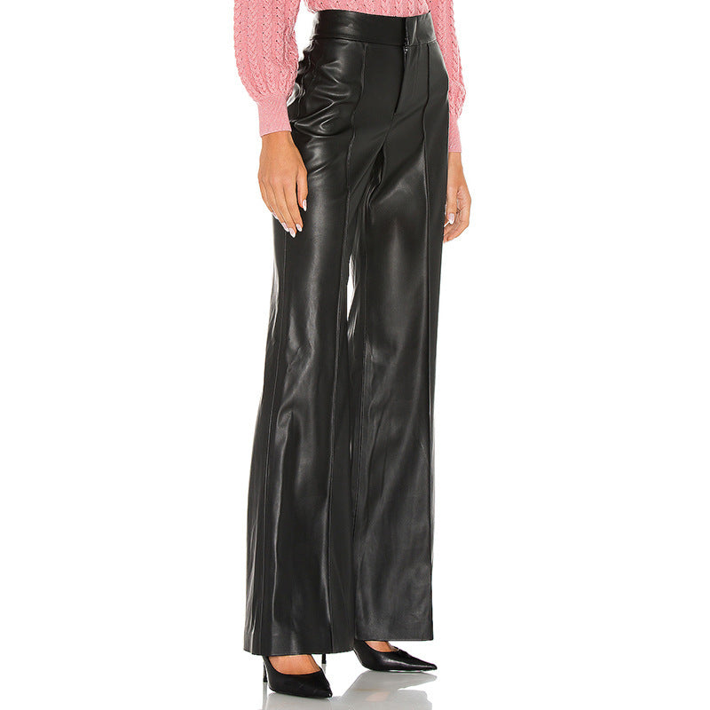 Women Pu Leather Casual High Waist Wide Leg Pants