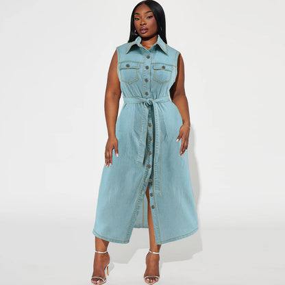 Women Fashion Casual Lapel Sleeveless Lace-Up Denim Dress