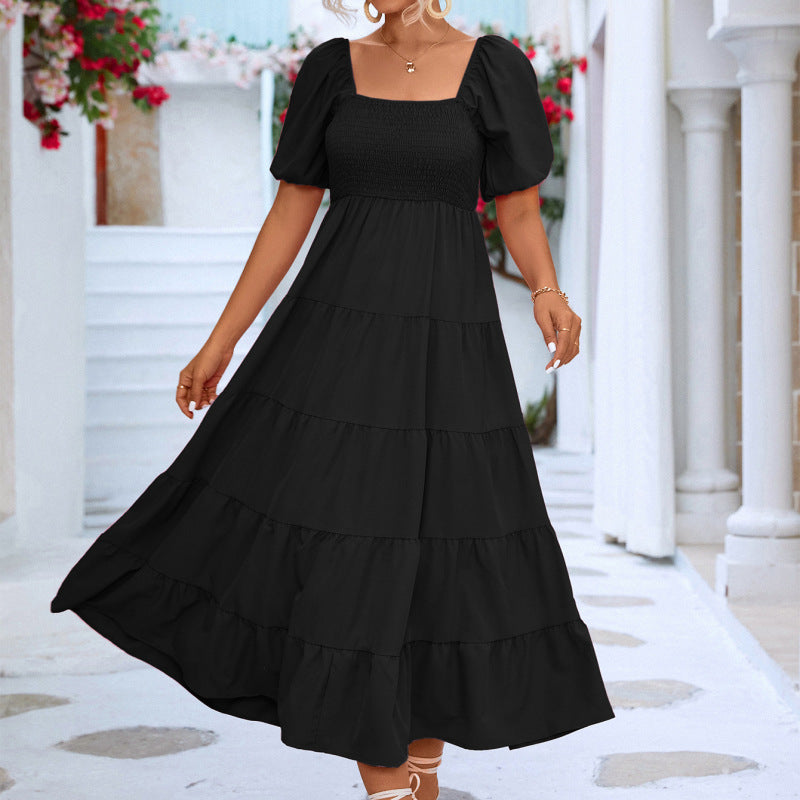 Vestido largo informal de verano para mujer, estilo bohemio, color liso, con hombros descubiertos y volantes