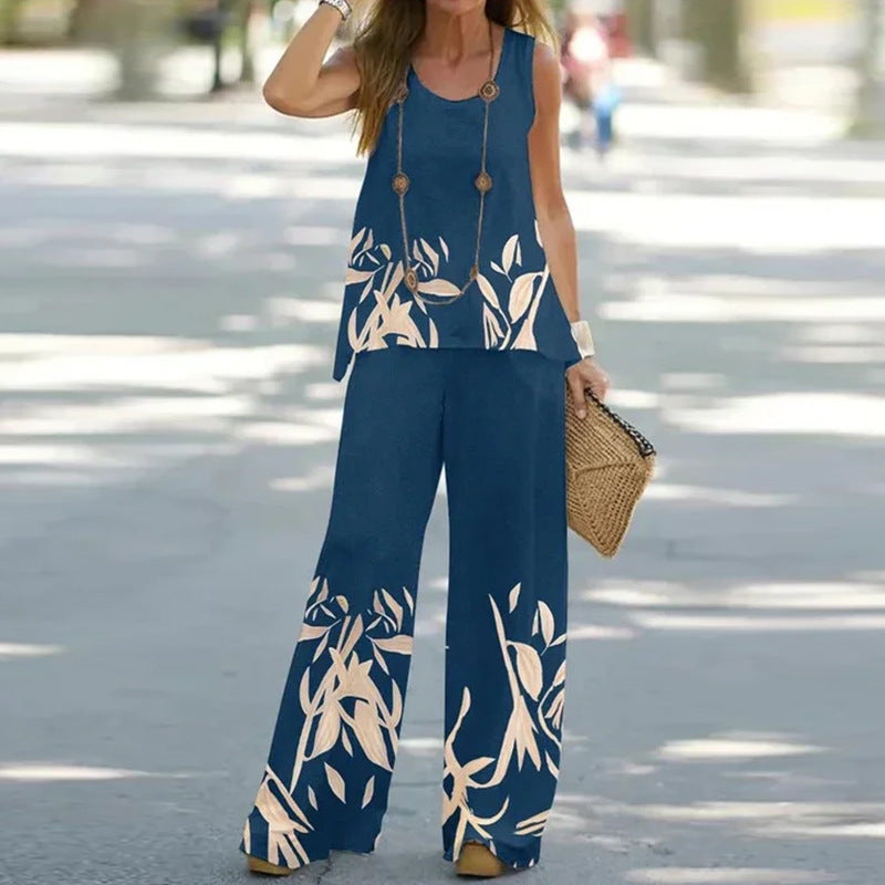 Conjunto de dos piezas de blusa sin mangas con estampado floral informal de verano para mujer, pantalones de cintura alta