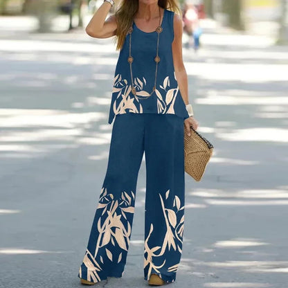 Conjunto de dos piezas de blusa sin mangas con estampado floral informal de verano para mujer, pantalones de cintura alta