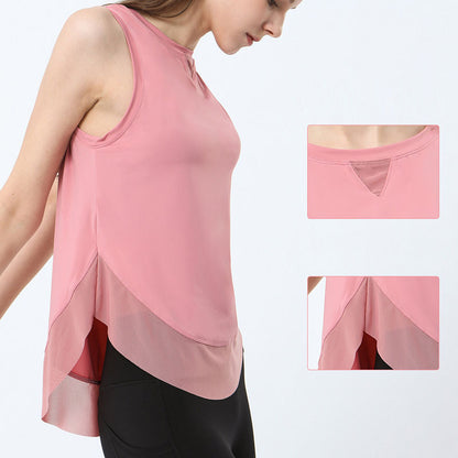 Women Casual Loose Solid Color Round Neck Sleeveless Mesh Spliced Sports Tank Top