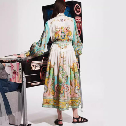 Summer Women Casual Graphic Printed Lapel Bubble Sleeve Lace-Up Dress