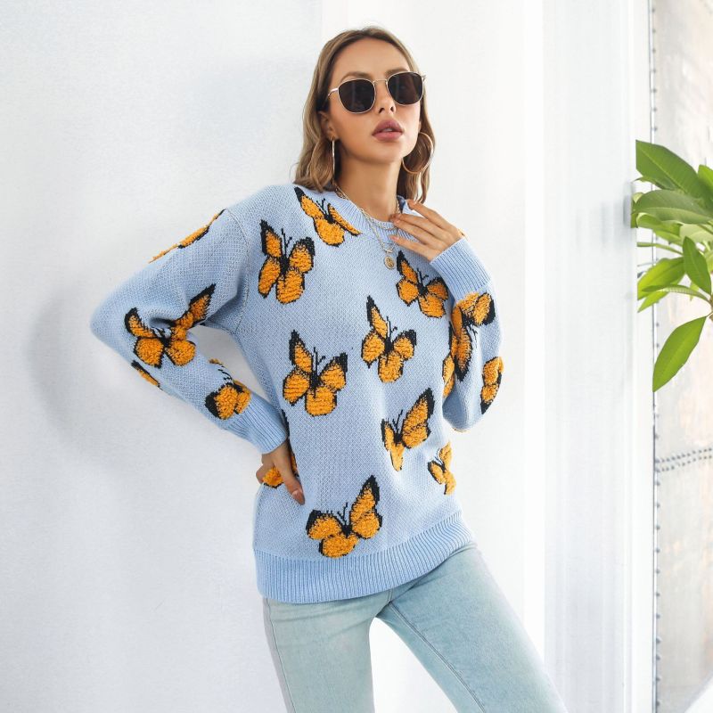 Autumn Winter Women Casual Loose Three-Dimensional Butterfly Long-Sleeved Knitted Sweater