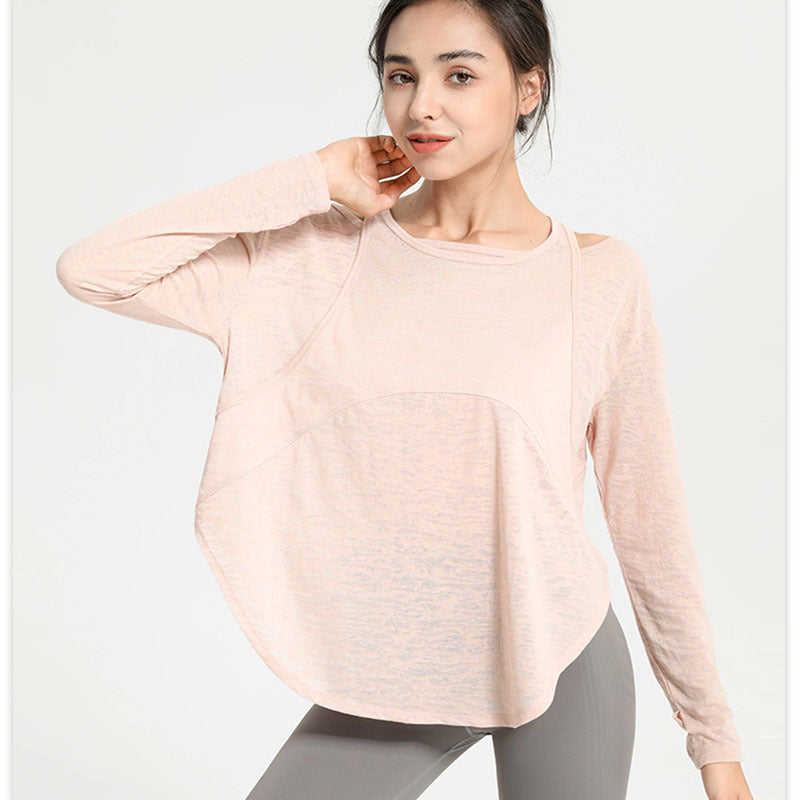 Top deportivo informal holgado de color liso con cuello redondo y manga larga para mujer