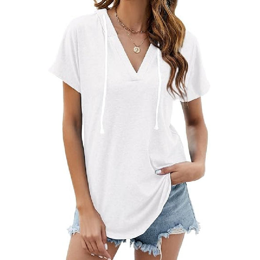 Camiseta holgada informal de manga corta con cuello en V y color liso para mujer
