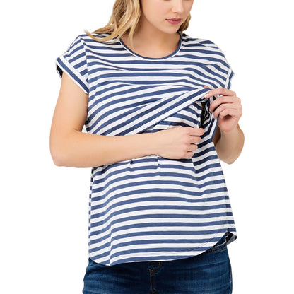 Camiseta de lactancia de manga corta con estampado de rayas para embarazadas de verano