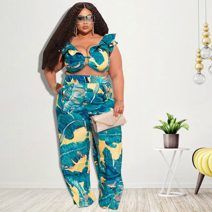 Plus Size Women Printed Casual Short Top And Pants Two Pieces Suit