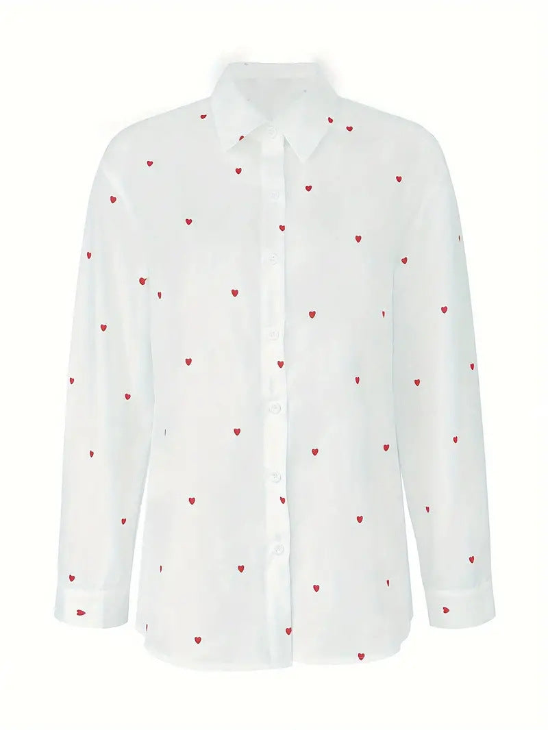 Blusa informal de manga larga con solapa y estampado de amor para mujer