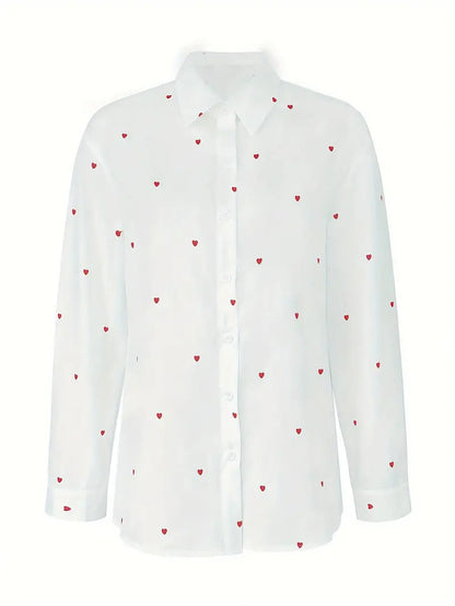 Blusa informal de manga larga con solapa y estampado de amor para mujer