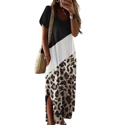Women Casual Short Sleeve Leopard Print Side-Slit Maxi Dress