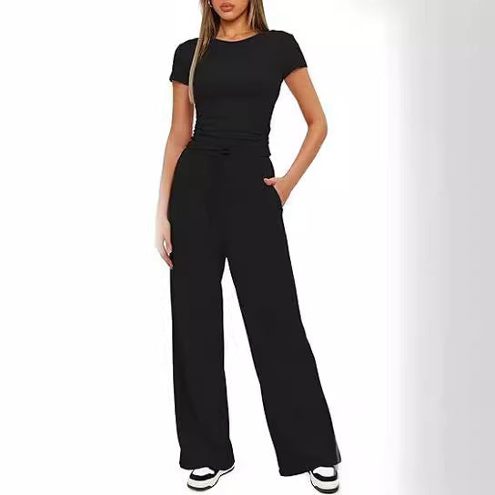 Conjunto de dos piezas de top y pantalón de manga corta de color liso informal para mujer