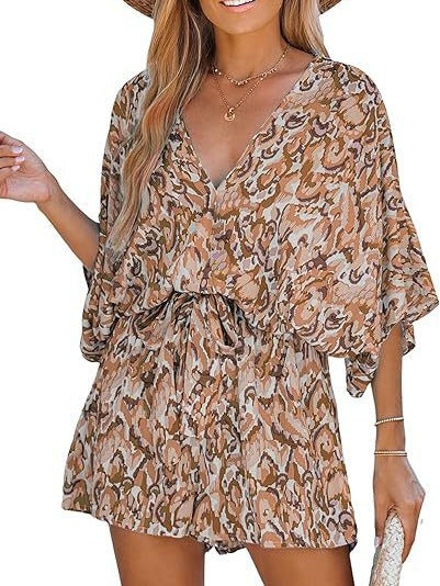 Women Fashion Casual Printed V-Neck Short-Sleeve Lace-Up Rompers