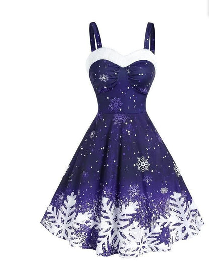 Women Fashion Casual Christmas Snowflake Print Wide Strap Swing Dress