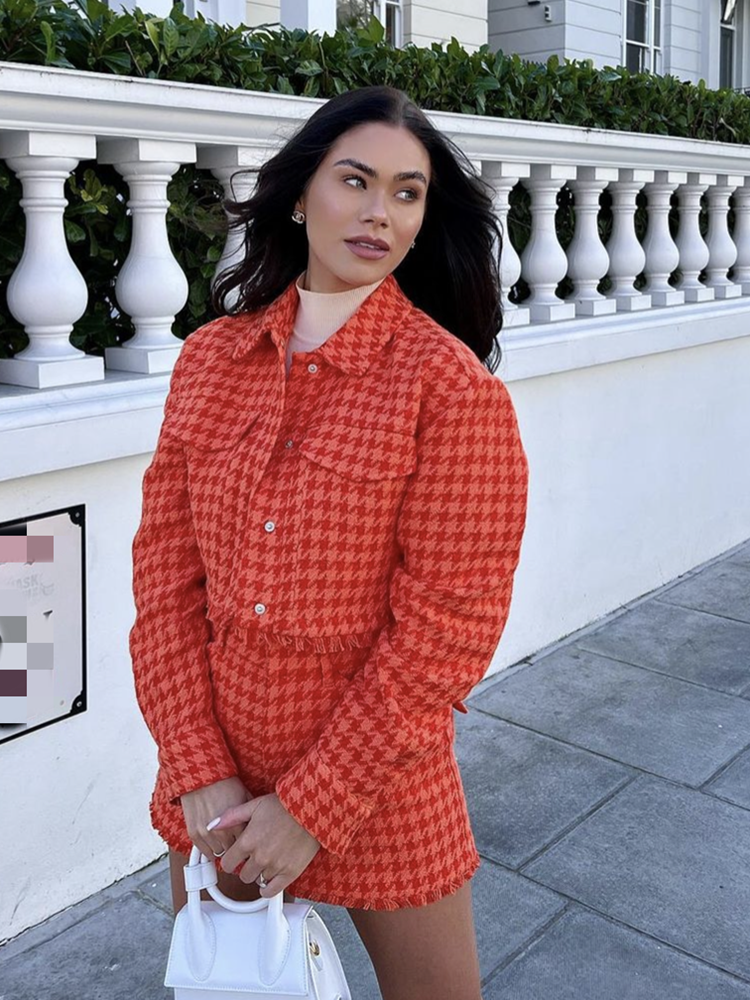 Chaqueta corta de tweed naranja para mujer, abrigo acolchado con botones y cintura alta, pantalones cortos informales de cintura alta para niñas.