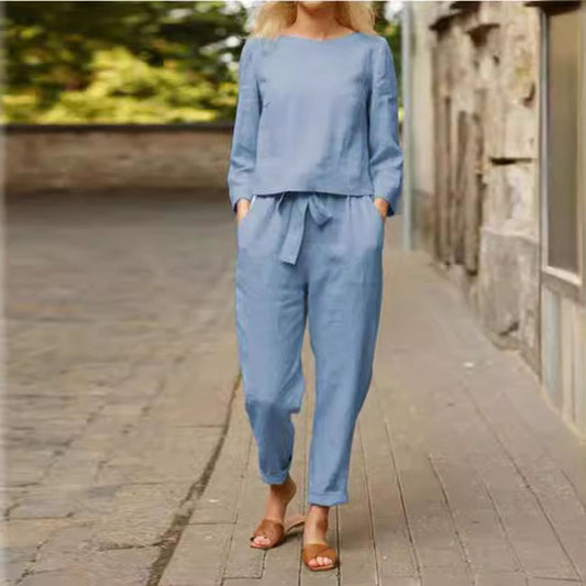 Conjunto de top y pantalón informal de color liso para mujer, otoño
