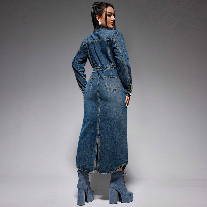 Women Fashion Casual Lapel Button Long Sleeve Split Denim Dress
