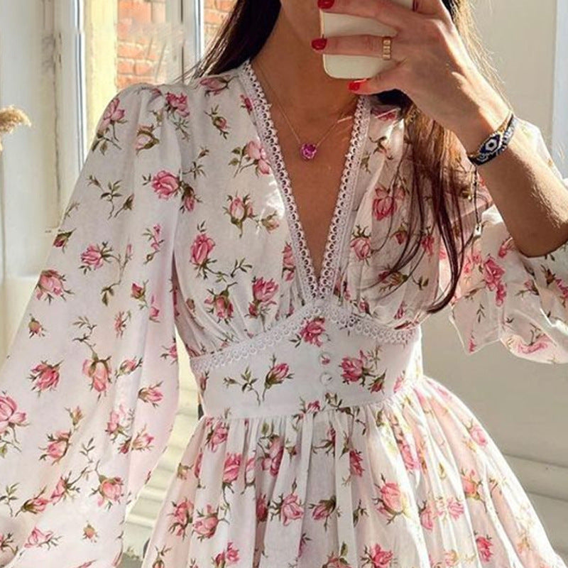 Women Casual Tiny Flower Print V-Neck Long Sleeve Dress