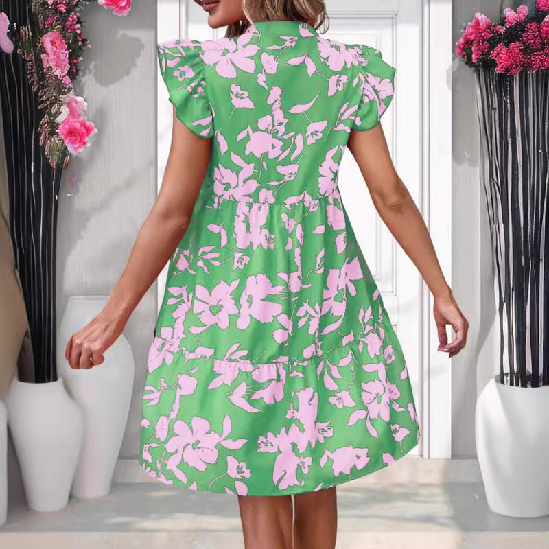 Summer Vacation Bohemian Style Women Casual Flower Motion Ruffle Dress