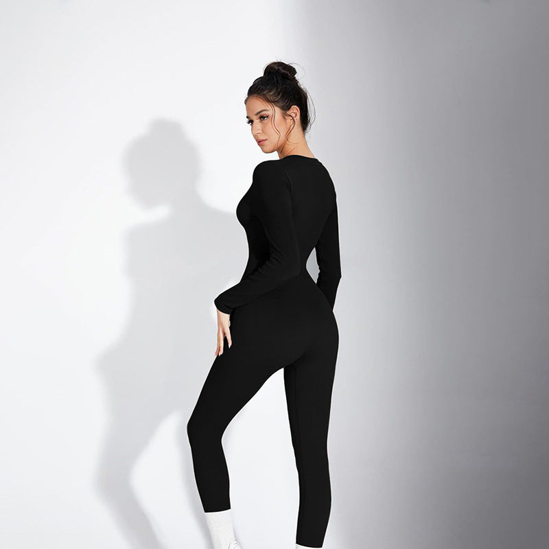 Women Fashion Casual Slim-Fit Solid Color Long Sleeve Round Neck Button Jumpsuit