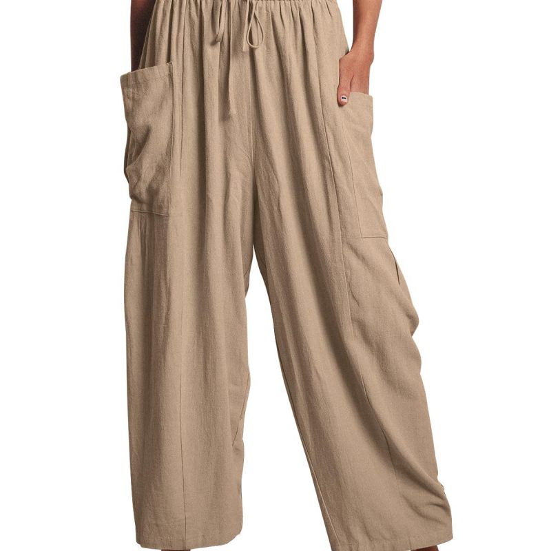 Pantalones cargo informales para mujer, con cintura elástica, plisados, de cintura alta, anchos y holgados, de algodón y lino con bolsillos.