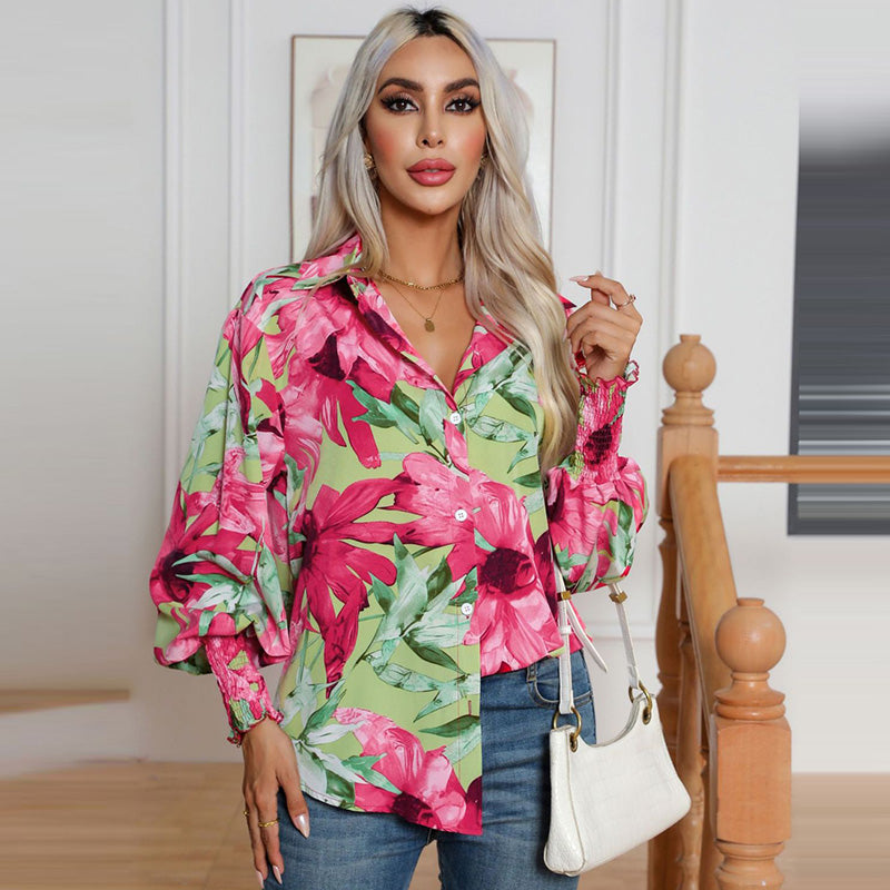 Camisa informal de manga larga con estampado floral para mujer