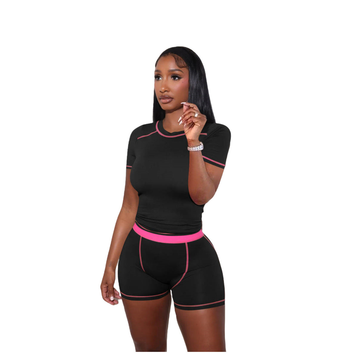 Women Fashion Casual Thread Contrast Color Short-Sleeve T-Shirt Tight Shorts Two-Piece Set