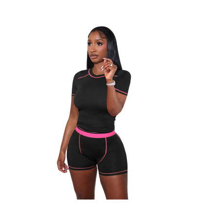 Women Fashion Casual Thread Contrast Color Short-Sleeve T-Shirt Tight Shorts Two-Piece Set