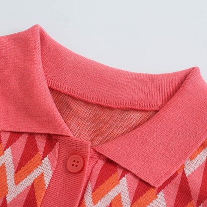 Women Edgy Casual Lapel Short Sleeves Color Blocking A-line Knitted Dress