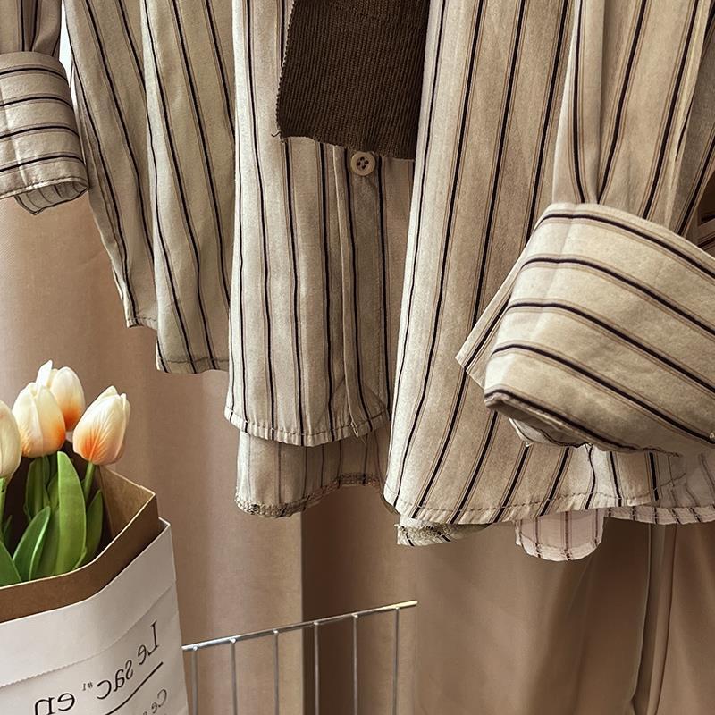 Autumn Shawl Fake Two-Piece Stripe Shirt Women Casual Long Sleeve Lapel Blouse