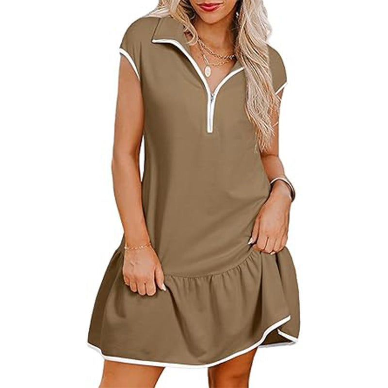 Women Fashion Casual Color Block Short Sleeve Zipper Dress