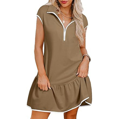 Women Fashion Casual Color Block Short Sleeve Zipper Dress