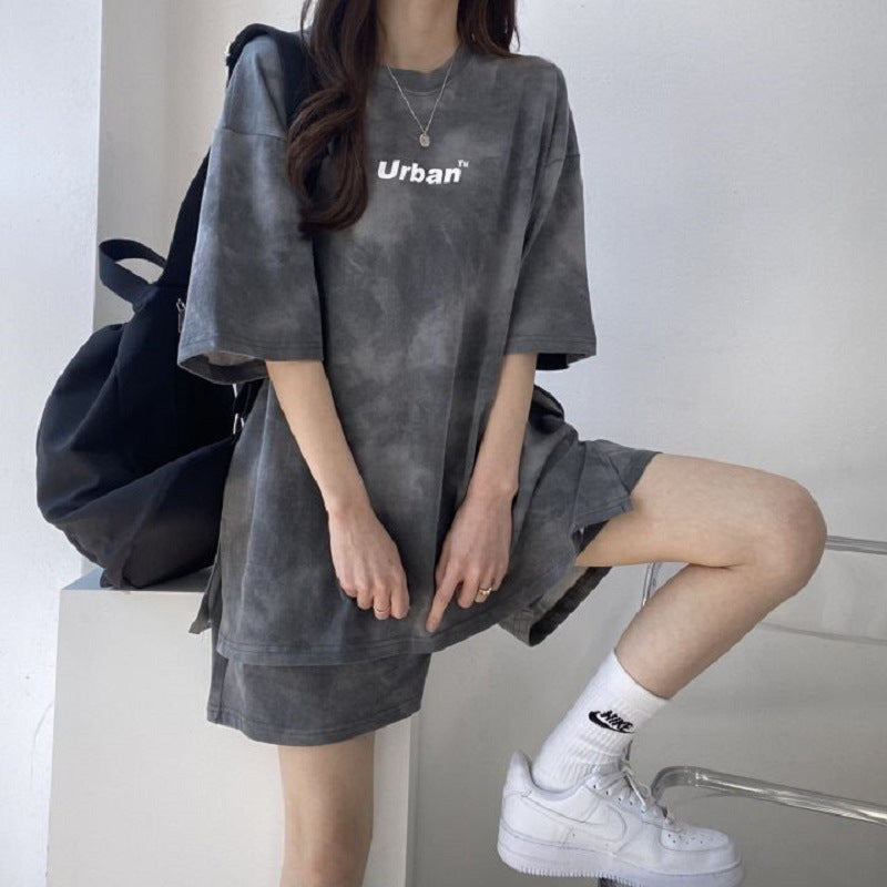 Conjunto deportivo informal de dos piezas para mujer, camiseta de manga corta con efecto tie-dye y pantalones cortos holgados