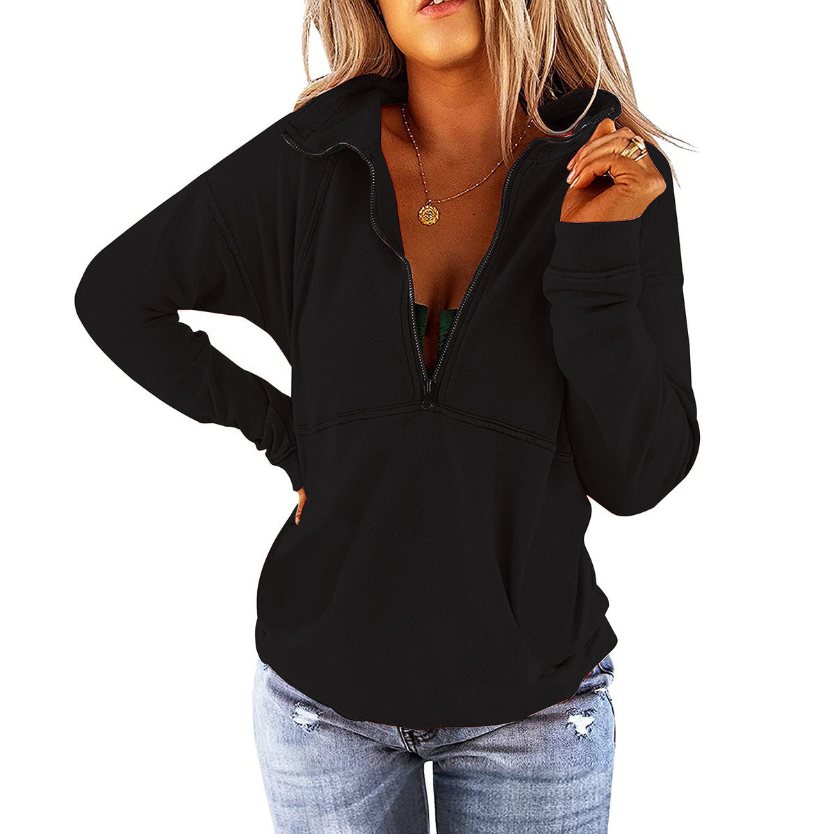 Sudadera informal de otoño e invierno para mujer, color liso, cuello alto, manga larga, con cremallera