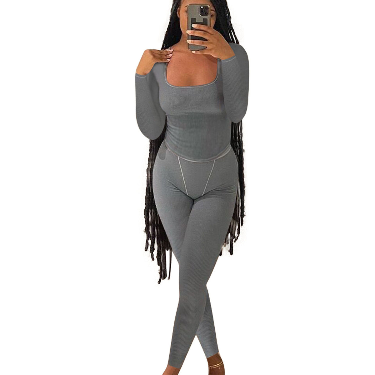 Women Fashion Casual Solid Color Thread Long Sleeve Top Tight Pants Two-Piece Set