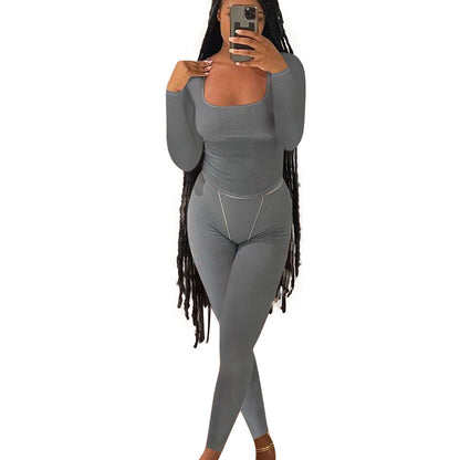 Women Fashion Casual Solid Color Thread Long Sleeve Top Tight Pants Two-Piece Set