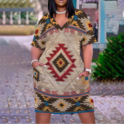 Vestido informal holgado multicolor con cuello en V, manga corta y largo medio para mujer