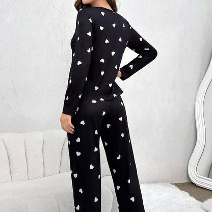 Conjunto de pijama largo informal de dos piezas con estampado de corazones para mujer