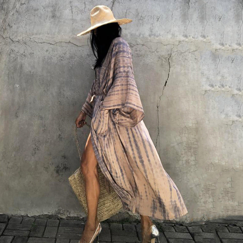 Traje de baño de bikini de playa de manga larga holgado con estampado para mujer, traje de baño informal para vacaciones